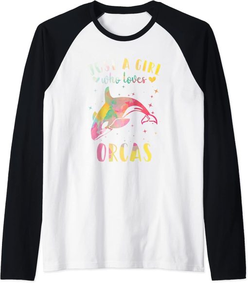 Just a Girl Who Loves Orcas Watercolor Orca Women Raglan Baseball Tee