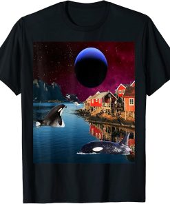 Orcas Surrounding A Norwegian Fishing Village T-Shirt