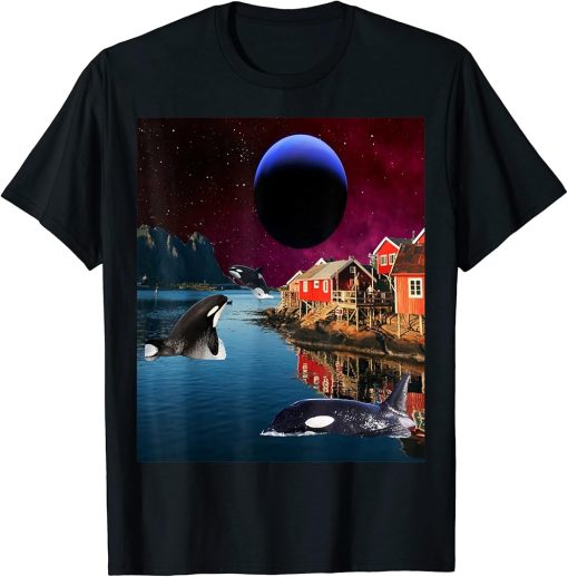 Orcas Surrounding A Norwegian Fishing Village T-Shirt