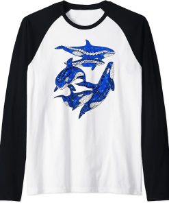 Polynesian Tribal Killer Whales Orcas Raglan Baseball Tee