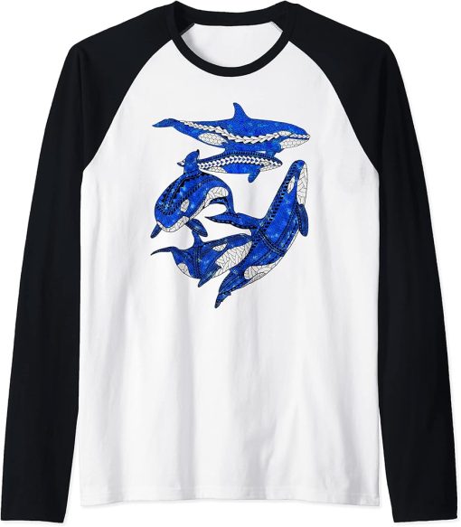 Polynesian Tribal Killer Whales Orcas Raglan Baseball Tee